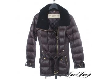 HEAVY HITTERS : AUTHENTIC AND LIKE NEW BURBERRY ESPRESSO GOOSE DOWN QUILTED LONG COAT WITH SHEARLING COLLAR S