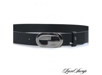LIKE NEW AUTHENTIC GUCCI MADE IN ITALY BLACK THICK LEATHER GUNMETAL DOUBLE G MONOGRAM BUCKLE BELT 32