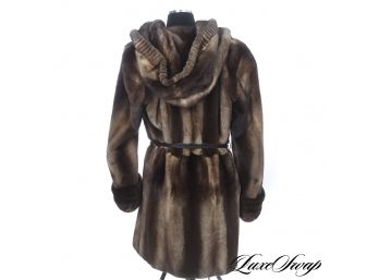 THE NICEST FUR COAT WE'VE HAD ALL YEAR : LIKE NEW YANNI FURS SHEARED STREAKED MINK ROBE COAT WITH LEATHER BELT
