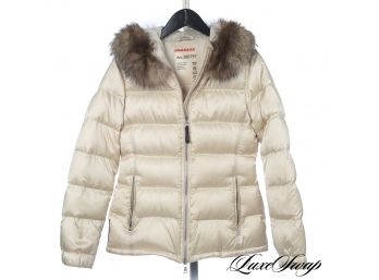 AH-MAY-ZING! AUTHENTIC PRADA CHAMPAGNE SATIN QUILTED PARKA COAT WITH DOWN FILL AND GENUINE BLUE FOX COLLAR S