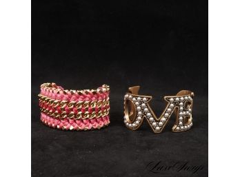 LOT OF TWO COSTUME JEWELRY CUFF BRACELETS IN GOLD TONE - LOVED AND PINK BRAIDED FABRIC