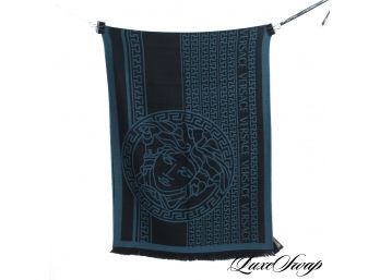 START HOLIDAY SHOPPING! BRAND NEW VERSACE MADE IN ITALY TEAL BLACK HUGE GREEK KEY MEDUSA SHAWL WRAP SCARF