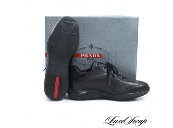 NIB AUTHENTIC Prada Made In Italy Black Nappa Leather Patent Logo Sneakers 37.5