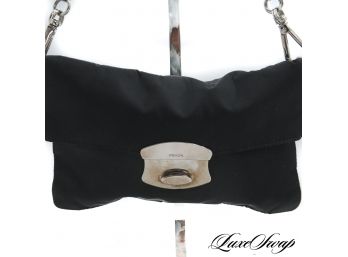 MINIMALIST LUXE : AUTHENTIC PRADA MADE IN ITALY BLACK MICROFIBER SILVER RING CHAIN EVENING BAG