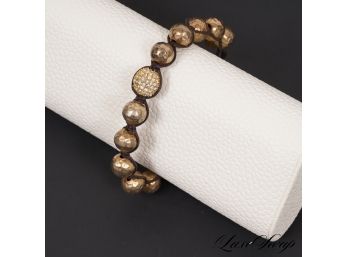 VERY SHAMBALLA : AUTHENTIC LAI HAMMERED BRASS BALL BRACELET WITH ONE CRYSTAL BALL ON CORD STRAP