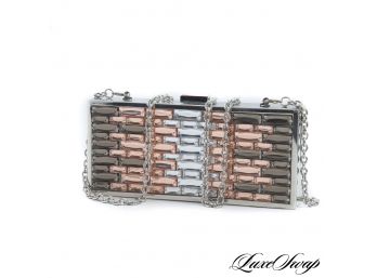 GORGEOUS BCBG MAZ AZRIA SILVER METAL HARDSIDE EVENING CLUTCH WITH LARGE CRYSTALS AND SHOULDER STRAP