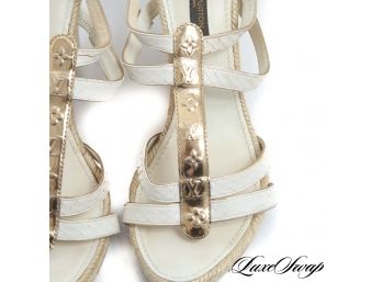 YOURE GOING TO HAVE TO BID HIGH : AUTHENTIC LOUIS VUITTON WHITE SNAKESKIN GOLD LV MONOGRAM T-STRAP SHOES 38