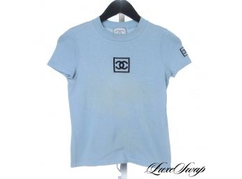 YOU NEVER GET THESE : AUTHENTIC CHANEL BABY BLUE STRETCH KNIT IDENTIFICATION TOP WITH GIANT CC LOGO 36