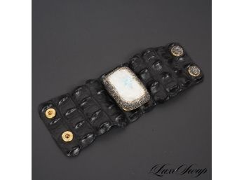 INCREDIBLE GENUINE HORNBACK ALLIGATOR  CROCODILE CUFF BRACELET WITH BRILLIANT CRYSTALS AND NATURAL STONE