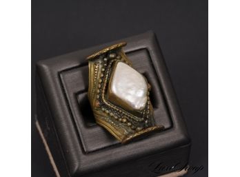 VERY SEVAN : ANONYMOUS HAND TOOLED LARGE BRASS RING WITH DIAMOND SHAPED MOTHER OF PEARL STONE
