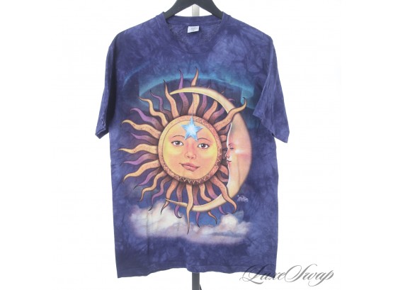 PEACE AND LOVE : THE MOUNTAIN ALLOVER NAVY TYE DYED SUN AND MOON HIPPIE ASTROLOGICAL PRINT TEE SHIRT M