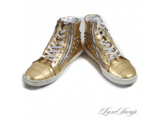 CURRENT! BELVEDERE DONNA GOLD METALLIC LEATHER STUDDED SIDE ZIP SNEAKERS 7.5