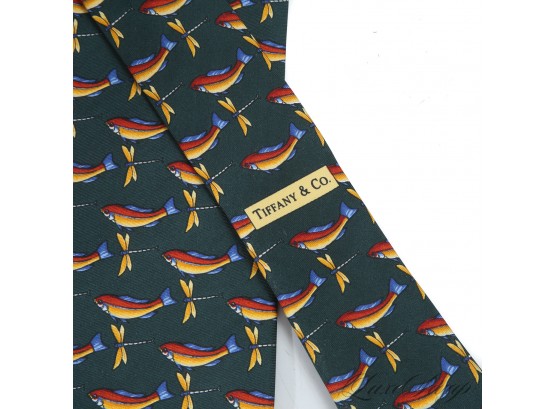 AUTHENTIC TIFFANY & CO MADE IN ITALY GREEN SILK TROUT FISH DRAGONFLY MENS SILK TIE