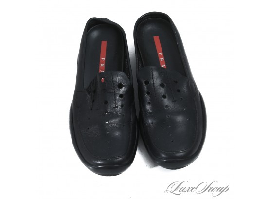 REALLY CUTE! AUTHENTIC PRADA SPORT MADE IN ITALY BLACK PERFORATED LEATHER MULES SLIDES 36.5