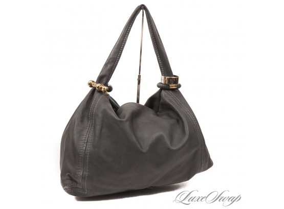 MASSIVE! AUTHENTIC JIMMY CHOO CARBON GREY BUTTER SOFT NAPPA LEATHER HEAVY TRIPLE RING SLOUCHY HOBO BAG