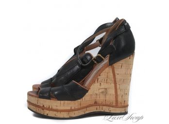 GORGEOUS AND LIKE NEW CHLOE MADE IN ITALY BLACK LEATHER STRAPPY CORK SOLE WEDGE SANDALS 37