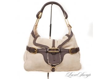 STUNNING : AUTHENTIC AND LIKE NEW JIMMY CHOO NATURAL SUEDE SHEARLING FUR LINED 'RAMONA' HANDBAG
