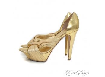WHY NOT ITS 2021! LIKE NEW $600 SERGIO ROSSI MADE IN ITALY GOLD METALLIC STRAPPY PLATFORM SANDALS 37