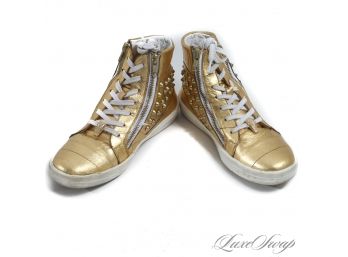 CURRENT! BELVEDERE DONNA GOLD METALLIC LEATHER STUDDED SIDE ZIP SNEAKERS 7.5