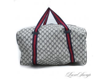 LOGOMANIA! VINTAGE LARGE DUFFLE BAG WITH GG MONOGRAMS AND BLUERED WEB STRIPE TRIMS