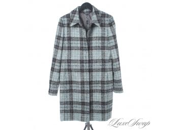 THIS IS A GOOD ONE : LIKE NEW BROOKS BROTHERS SEAGLASS BOUCLE TWEED TARTAN LONG COAT 14