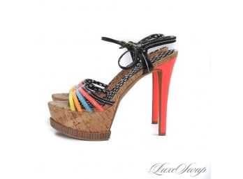 LIKE NEW AND SMOKING HOT JESSICA SIMPSON GLAZED CORK AND NEON STRAPPY SKYE SANDALS 6.5