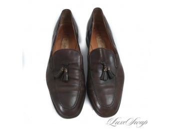 VERY RARE VINTAGE MENS GUCCI BROWN LEATHER TASSEL LOAFERS WITH GG MONOGRAM TASSEL RINGS 43.5
