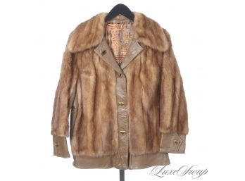 THE 80S MANHATTAN VIBE : VINTAGE GENUINE MINK FUR AND LEATHER STRIP TURNLOCK COAT WITH PAISLEY LINING