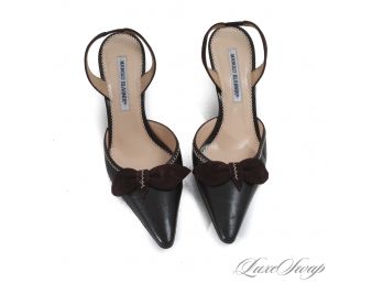 AUTHENTIC AND LIKE NEW $600 MANOLO BLAHNIK ESPRESSO LEATHER AND SUEDE BOW SLINGBACK SHOES 38.5