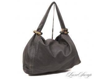 MASSIVE! AUTHENTIC JIMMY CHOO CARBON GREY BUTTER SOFT NAPPA LEATHER HEAVY TRIPLE RING SLOUCHY HOBO BAG