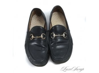 AUTHENTIC VINTAGE GUCCI MENS BLACK LEATHER SILVER HORSEBIT 'DEAL SLEDS' LOAFERS