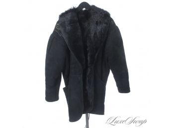ONE HELL OF A PIECE : LIKE NEW VINTAGE 1980S BLACK SUEDE SHEARLING LONG FUR DOLMAN SLEEVE EMBROIDERED COAT 42