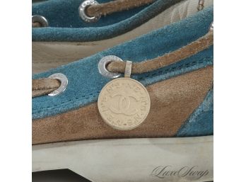 AUTHENTIC AND RARE CHANEL MADE IN ITALY CAMEL TAN AND AQUA SUEDE BOAT MOCCASIN LOAFERS 36