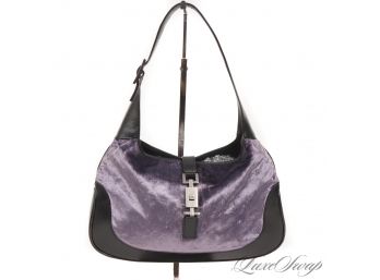 JUST BEAUTIFUL : AUTHENTIC GUCCI BLACK LEATHER AND GRAPE VELVET 'JACKIE' HOBO BAG