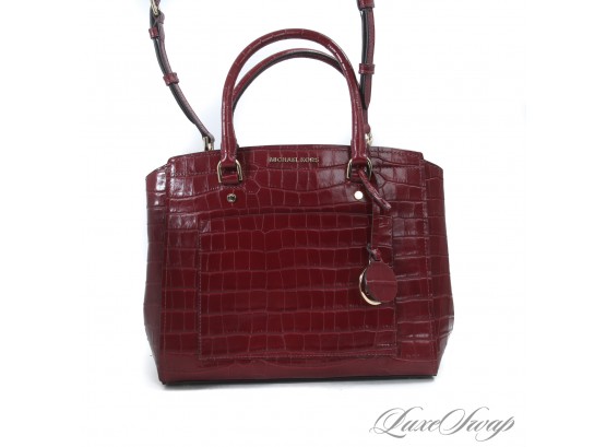 AUTHENTIC BRAND NEW UNUSED MICHAEL KORS CRANBERRY RED ALLIGATOR PRINT TOTE BAG WITH MONOGRAM COIN