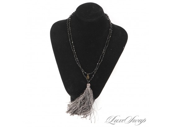 GORGEOUS AND LIKE NEW ZACASHA BLACK FACETED CRYSTAL BEAD NECKLACE WITH BW TASSEL