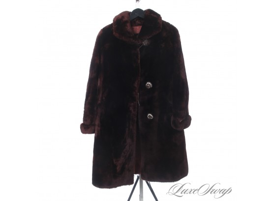 STUNNING : VINTAGE WINE INFUSED BROWN PERFECTLY SHEARED THICK SHEARLING LONG COAT