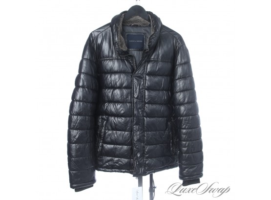 STAY WARM : TOMMY HILFIGER BLACK LEATHER AND SHEARLING EFFECT QUILTED PARKA COAT M
