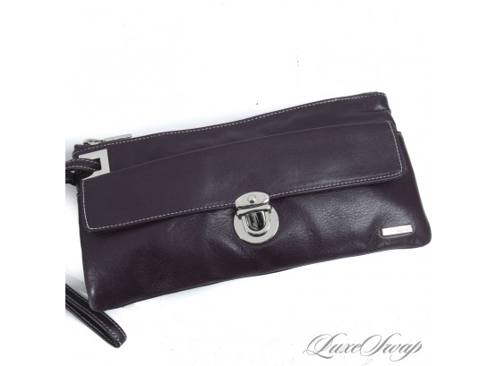 ABSOLUTELY NECCESARY : MODERN PERLINA RICH EGGPLANT NAPPA LEATHER WRISTLET CLUTCH BAG