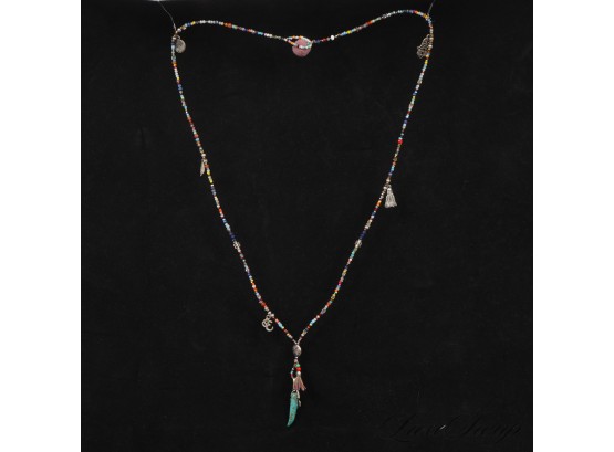 A BEAUTIFUL MULTICOLOR BEADED AMULET CHARM NECKLACE WITH HAMZA, TURQUOISE HORN, FEATHERS AND TASSELS