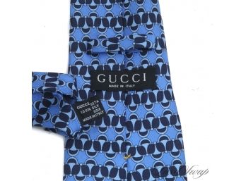 AUTHENTIC GUCCI MADE IN ITALY POOL BLUE HORSEBIT LINKED 100 SILK MENS TIE