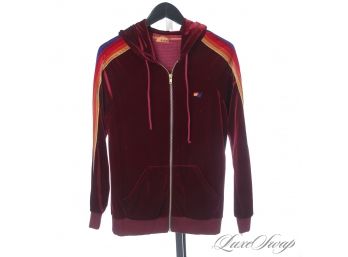 CANT GET OUT OF BED SUNDAYS : NWT $170 AVIATOR NATION WINE VELOUR TRACKSUIT WITH RAINBOW STRIPE M