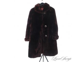 STUNNING : VINTAGE WINE INFUSED BROWN PERFECTLY SHEARED THICK SHEARLING LONG COAT