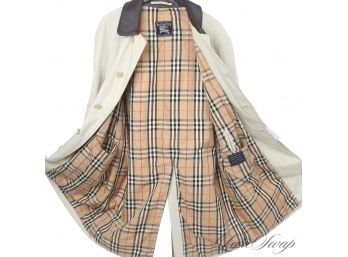 THE ONE EVERYONE WANTS : AUTHENTIC BURBERRY MADE IN ENGLAND BEIGE TARTAN LINED COAT WITH LEATHER COLLAR