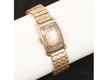 INCREDIBLE VINTAGE 1930S 1940S BULOVA HALLMARKED 14K YELLOW GOLD SUBDIAL WATCH ON STRETCH BAND