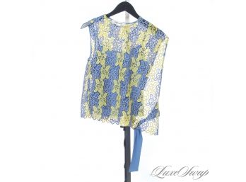 AUTHENTIC DIANE VON FURSTENBERG LAKE BLUE AND CHARTREUSE MESH LACE SELF BELTED SHIRT P
