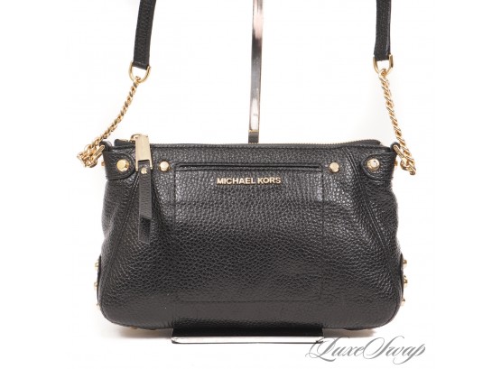 BRAND NEW AND UNUSED AUTHENTIC MICHAEL KORS BLACK GRAINED LEATHER GOLD STUDDED SIDE CROSSBODY BAG