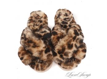 THESE ARE FREAKING AWESOME : LIKE NEW EMU AUSTRALIA LEOPARD PRINT GENUINE SHEARLING CROSSOVER SANDALS 8