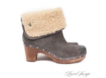 CUTIE PIES : BRAND NEW WITHOUT BOX UGG AUSTRALIA DISTRESSED GREY SUEDE SHEEPSKIN SHEARLING FOLDOVER BOOTIES 6