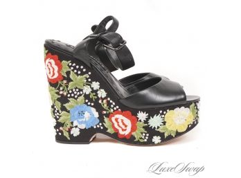 BRAND NEW WITH TAGS $425 ALICE & OLIVIA 'SIENA TOO' BLACK FLORAL EMBROIDERED LEATHER WEDGE SHOES 35